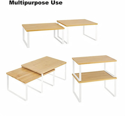 Bamboo Kitchen Cabinet and Counter Shelf Organizer, Stackable & Expandable, Set of 4, White and Natural | Stackable & Expandable Spice Rack, Space-Saving Pantry Organizers Bathroom Countertop Storage, White and Natural