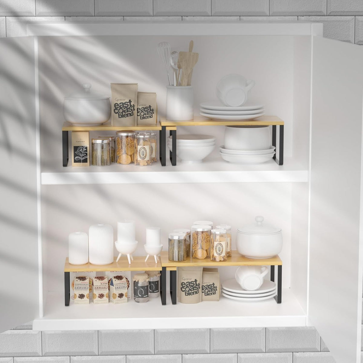 Bamboo Kitchen Cabinet and Counter Shelf Organizer, Stackable & Expandable, Set of 4, White and Natural | Stackable & Expandable Spice Rack, Space-Saving Pantry Organizers Bathroom Countertop Storage, White and Natural