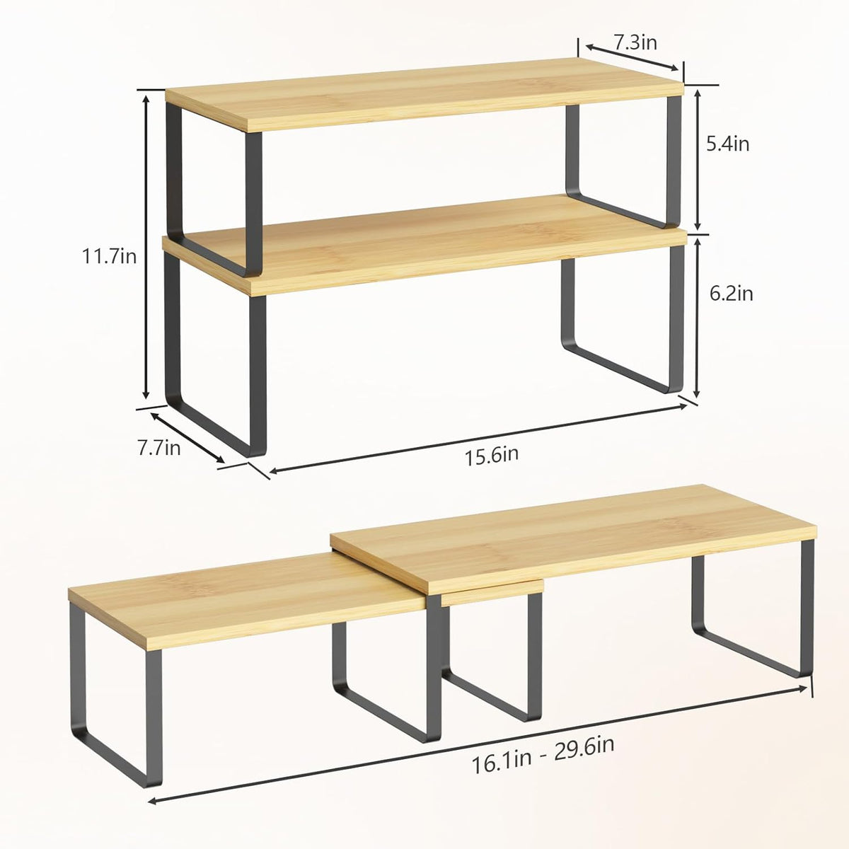 Bamboo Kitchen Cabinet and Counter Shelf Organizer, Stackable & Expandable, Set of 4, White and Natural | Stackable & Expandable Spice Rack, Space-Saving Pantry Organizers Bathroom Countertop Storage, White and Natural