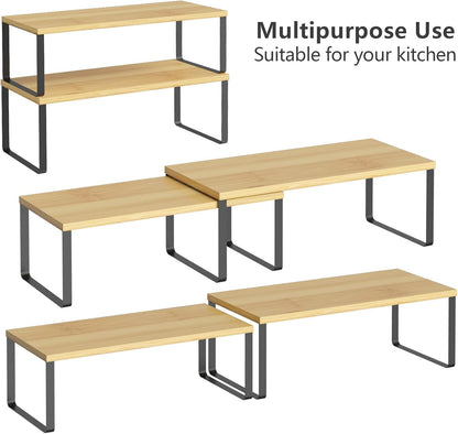 Bamboo Kitchen Cabinet and Counter Shelf Organizer, Stackable & Expandable, Set of 4, White and Natural | Stackable & Expandable Spice Rack, Space-Saving Pantry Organizers Bathroom Countertop Storage, White and Natural