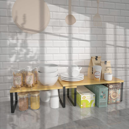 Bamboo Kitchen Cabinet and Counter Shelf Organizer, Stackable & Expandable, Set of 4, White and Natural | Stackable & Expandable Spice Rack, Space-Saving Pantry Organizers Bathroom Countertop Storage, White and Natural