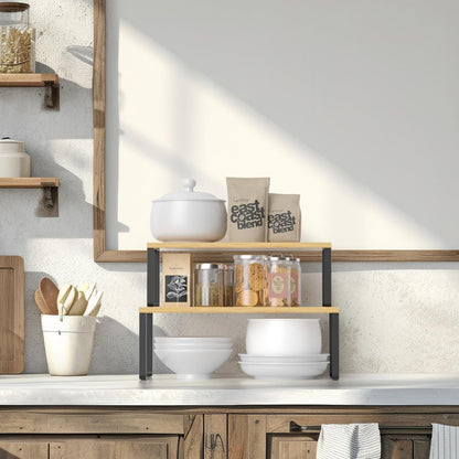 Bamboo Kitchen Cabinet and Counter Shelf Organizer, Stackable & Expandable, Set of 4, White and Natural | Stackable & Expandable Spice Rack, Space-Saving Pantry Organizers Bathroom Countertop Storage, White and Natural