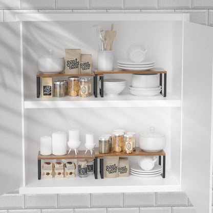 Bamboo Kitchen Cabinet and Counter Shelf Organizer, Stackable & Expandable, Set of 4, White and Natural | Stackable & Expandable Spice Rack, Space-Saving Pantry Organizers Bathroom Countertop Storage, White and Natural