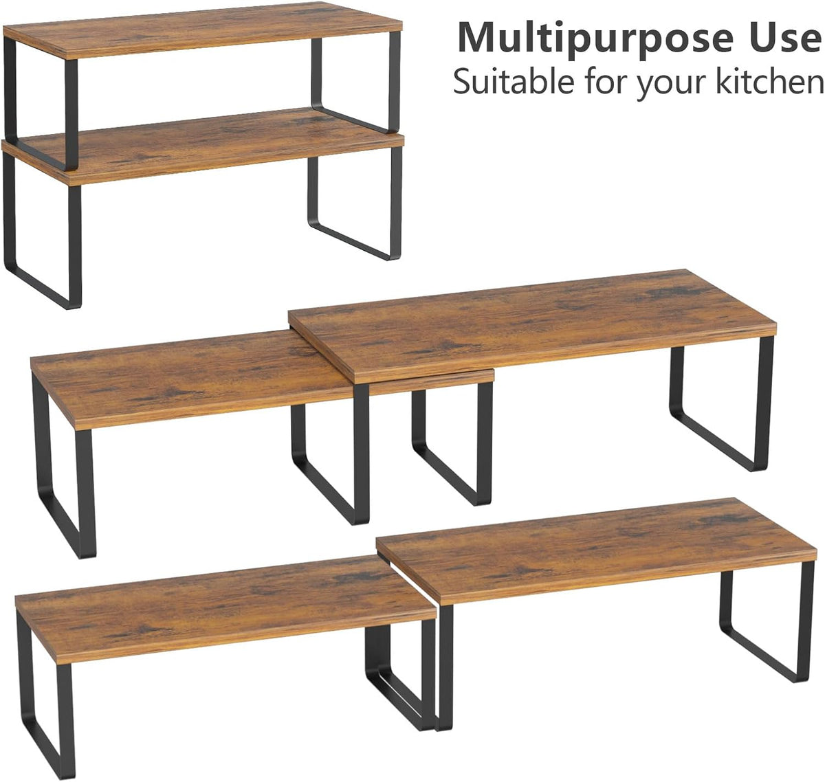 Bamboo Kitchen Cabinet and Counter Shelf Organizer, Stackable & Expandable, Set of 4, White and Natural | Stackable & Expandable Spice Rack, Space-Saving Pantry Organizers Bathroom Countertop Storage, White and Natural