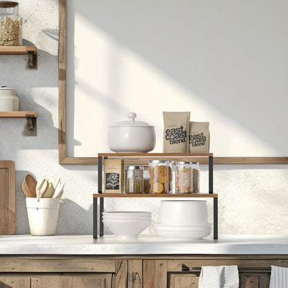 Bamboo Kitchen Cabinet and Counter Shelf Organizer, Stackable & Expandable, Set of 4, White and Natural | Stackable & Expandable Spice Rack, Space-Saving Pantry Organizers Bathroom Countertop Storage, White and Natural