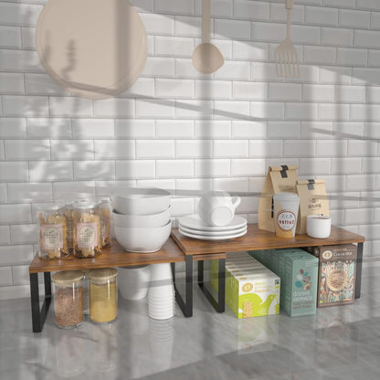 Bamboo Kitchen Cabinet and Counter Shelf Organizer, Stackable & Expandable, Set of 4, White and Natural | Stackable & Expandable Spice Rack, Space-Saving Pantry Organizers Bathroom Countertop Storage, White and Natural