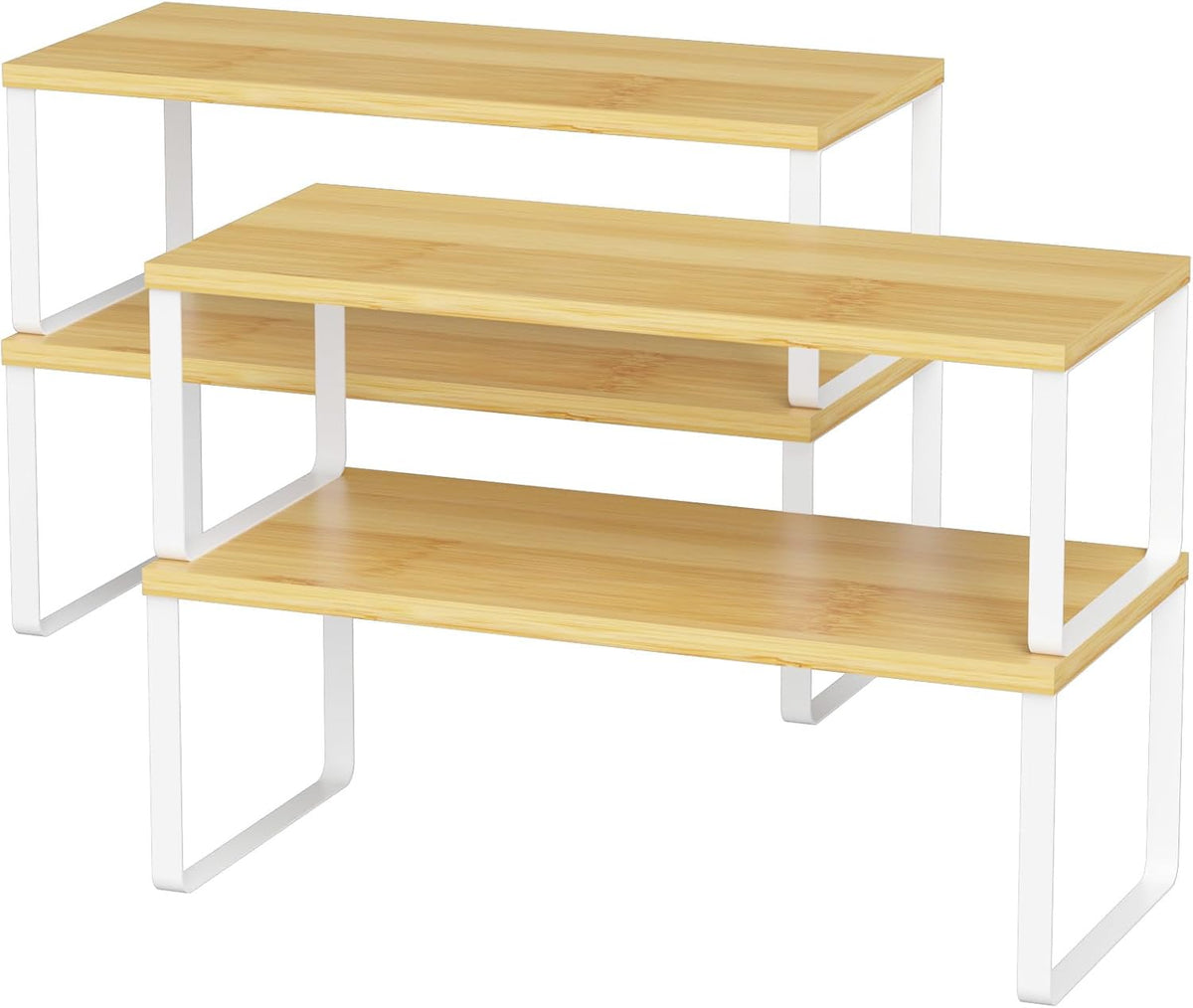 Bamboo Kitchen Cabinet and Counter Shelf Organizer, Stackable & Expandable, Set of 4, White and Natural | Stackable & Expandable Spice Rack, Space-Saving Pantry Organizers Bathroom Countertop Storage, White and Natural