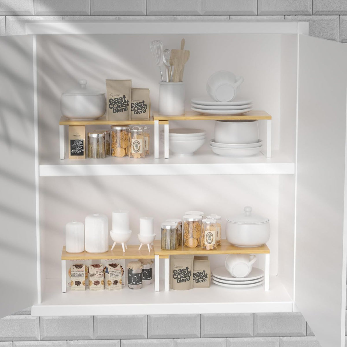 Bamboo Kitchen Cabinet and Counter Shelf Organizer, Stackable & Expandable, Set of 4, White and Natural | Stackable & Expandable Spice Rack, Space-Saving Pantry Organizers Bathroom Countertop Storage, White and Natural