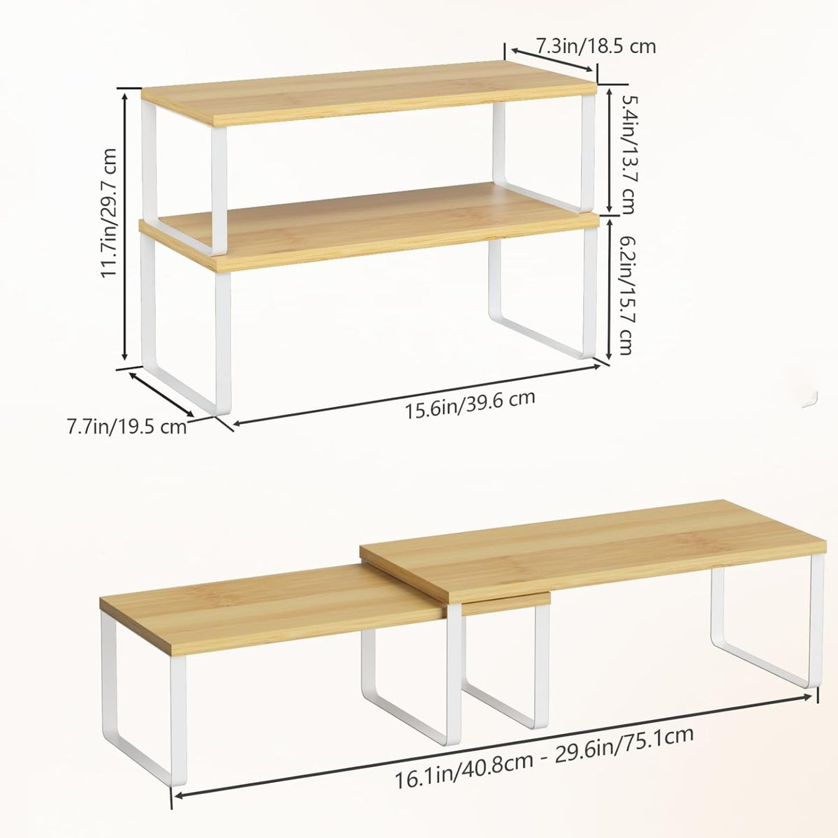 Bamboo Kitchen Cabinet and Counter Shelf Organizer, Stackable & Expandable, Set of 4, White and Natural | Stackable & Expandable Spice Rack, Space-Saving Pantry Organizers Bathroom Countertop Storage, White and Natural