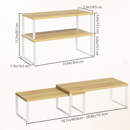 Bamboo Kitchen Cabinet and Counter Shelf Organizer, Stackable & Expandable, Set of 4, White and Natural | Stackable & Expandable Spice Rack, Space-Saving Pantry Organizers Bathroom Countertop Storage, White and Natural