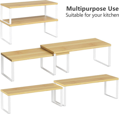 Bamboo Kitchen Cabinet and Counter Shelf Organizer, Stackable & Expandable, Set of 4, White and Natural | Stackable & Expandable Spice Rack, Space-Saving Pantry Organizers Bathroom Countertop Storage, White and Natural