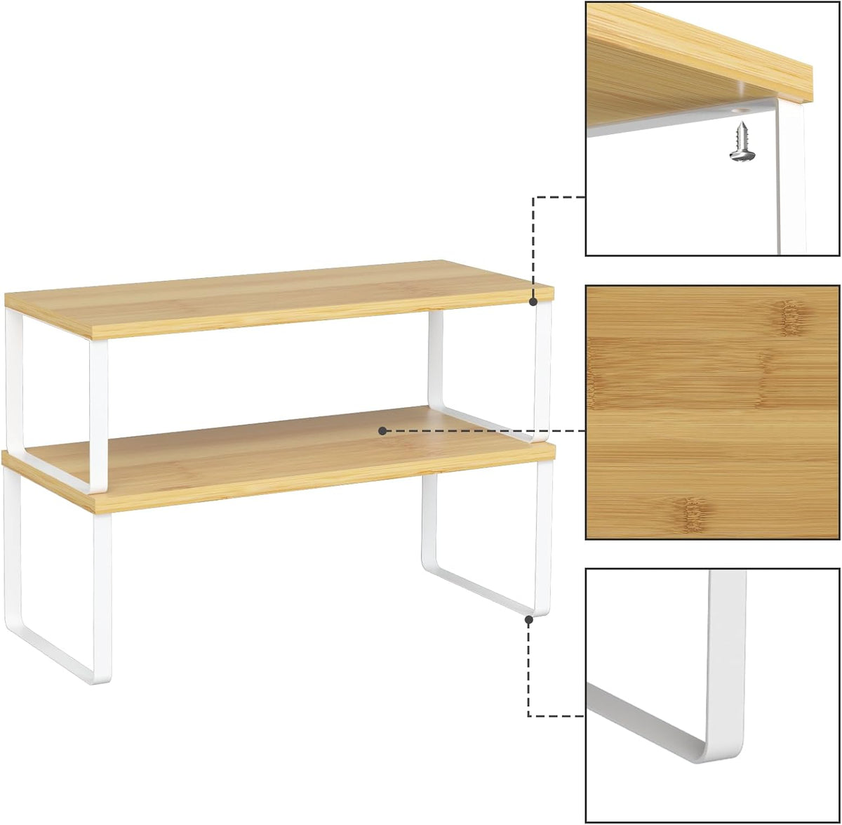 Bamboo Kitchen Cabinet and Counter Shelf Organizer, Stackable & Expandable, Set of 4, White and Natural | Stackable & Expandable Spice Rack, Space-Saving Pantry Organizers Bathroom Countertop Storage, White and Natural