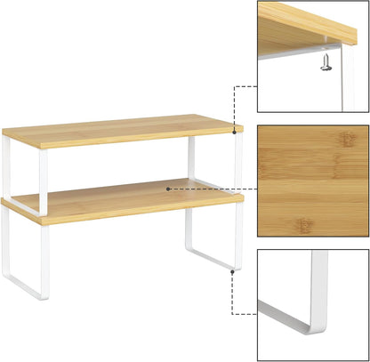 Bamboo Kitchen Cabinet and Counter Shelf Organizer, Stackable & Expandable, Set of 4, White and Natural | Stackable & Expandable Spice Rack, Space-Saving Pantry Organizers Bathroom Countertop Storage, White and Natural