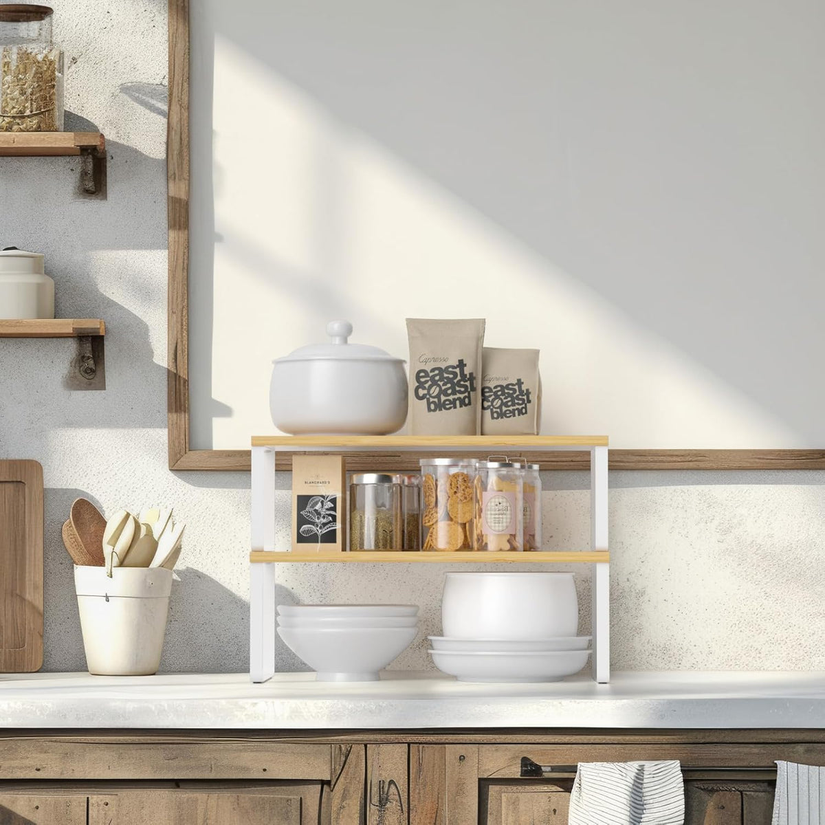 Bamboo Kitchen Cabinet and Counter Shelf Organizer, Stackable & Expandable, Set of 4, White and Natural | Stackable & Expandable Spice Rack, Space-Saving Pantry Organizers Bathroom Countertop Storage, White and Natural
