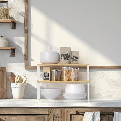 Bamboo Kitchen Cabinet and Counter Shelf Organizer, Stackable & Expandable, Set of 4, White and Natural | Stackable & Expandable Spice Rack, Space-Saving Pantry Organizers Bathroom Countertop Storage, White and Natural
