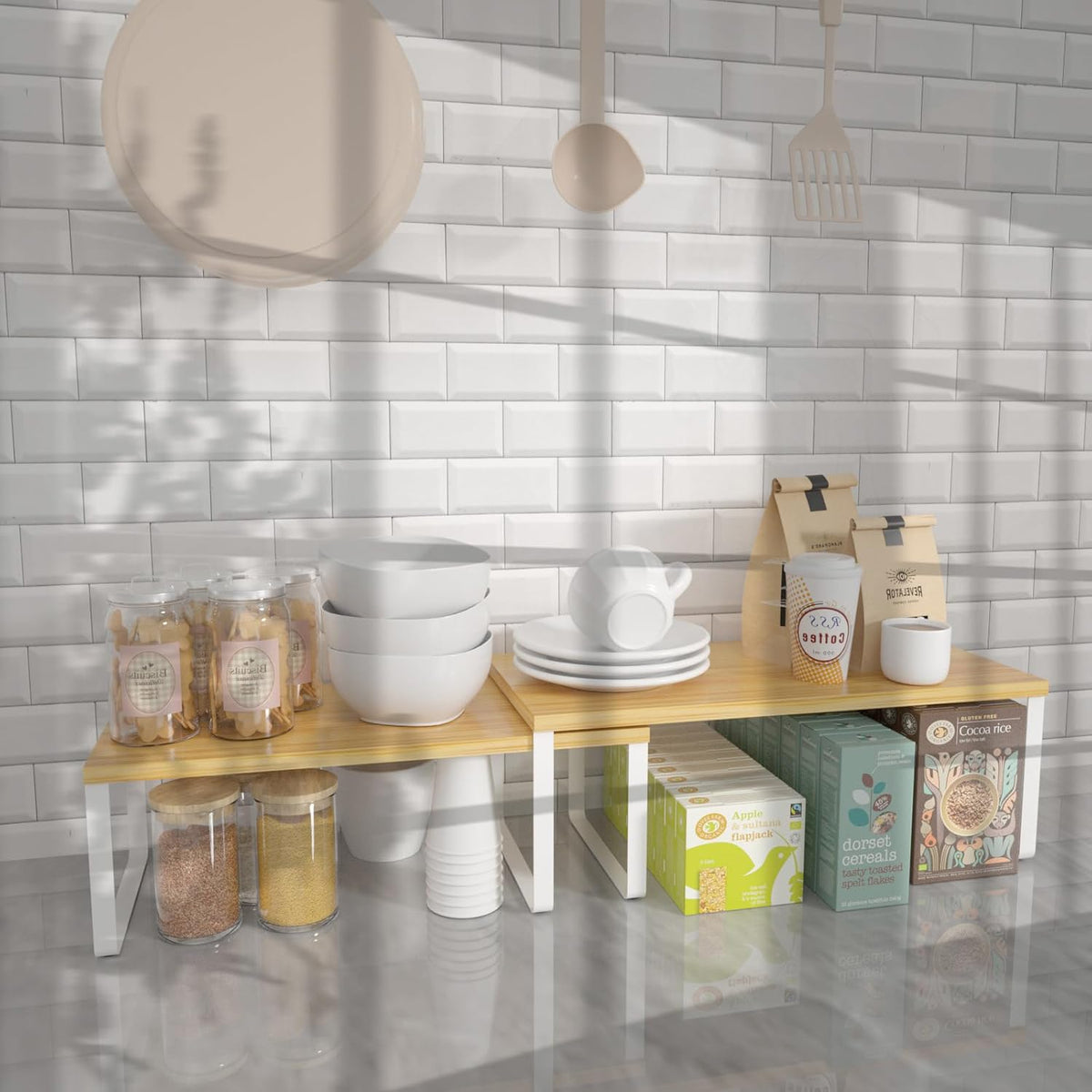 Bamboo Kitchen Cabinet and Counter Shelf Organizer, Stackable & Expandable, Set of 4, White and Natural | Stackable & Expandable Spice Rack, Space-Saving Pantry Organizers Bathroom Countertop Storage, White and Natural