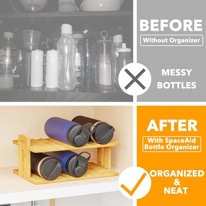 Bamboo Water Bottle Organizer with Labels, Kitchen Pantry Water Bottle Storage Rack for Cabinets, Home Cup and Wine Bottle Holder Shelf Organizers, (3-Tier, Hold 9 Bottles)