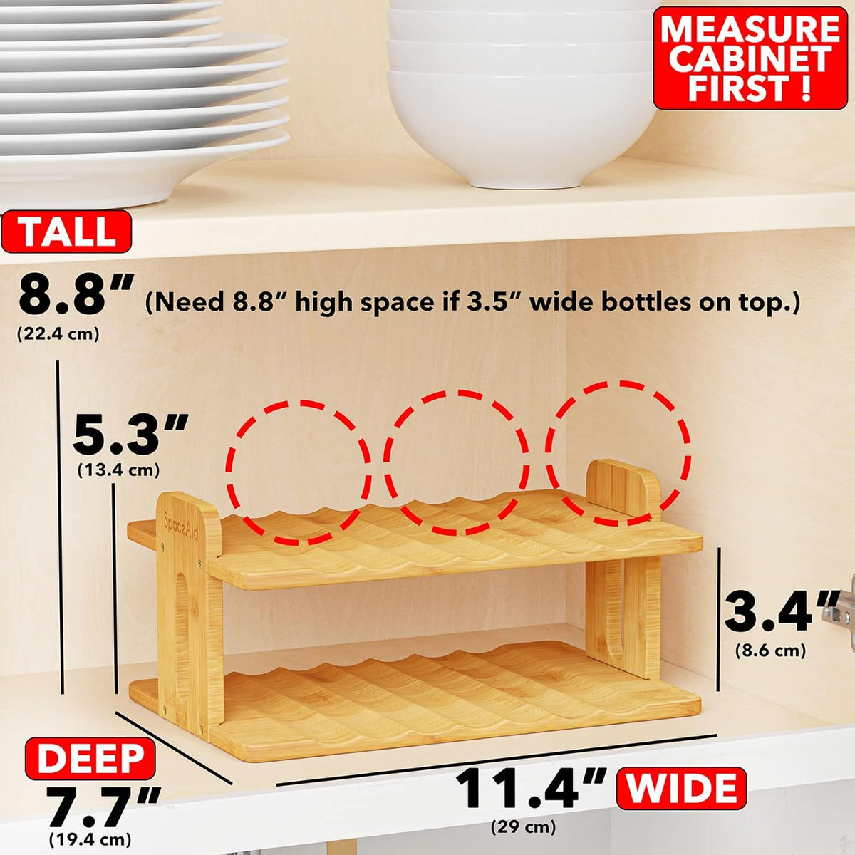 Bamboo Water Bottle Organizer with Labels, Kitchen Pantry Water Bottle Storage Rack for Cabinets, Home Cup and Wine Bottle Holder Shelf Organizers, (3-Tier, Hold 9 Bottles)