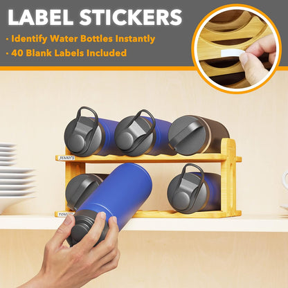 Bamboo Water Bottle Organizer with Labels, Kitchen Pantry Water Bottle Storage Rack for Cabinets, Home Cup and Wine Bottle Holder Shelf Organizers, (3-Tier, Hold 9 Bottles)