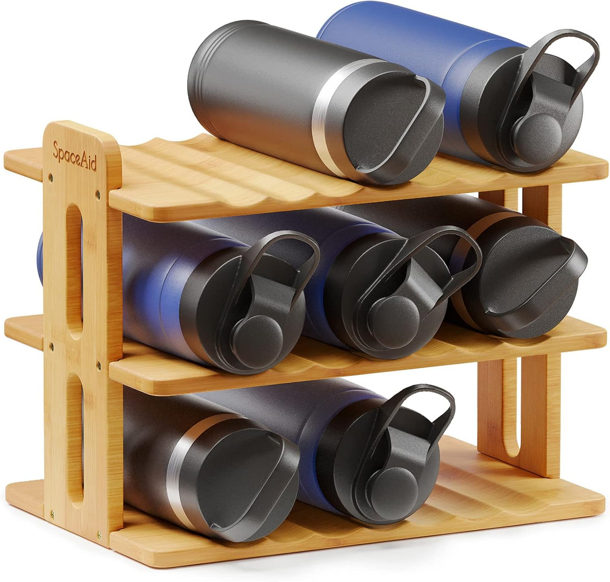 Bamboo Water Bottle Organizer with Labels, Kitchen Pantry Water Bottle Storage Rack for Cabinets, Home Cup and Wine Bottle Holder Shelf Organizers, (3-Tier, Hold 9 Bottles)