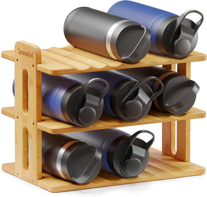 Bamboo Water Bottle Organizer with Labels, Kitchen Pantry Water Bottle Storage Rack for Cabinets, Home Cup and Wine Bottle Holder Shelf Organizers, (3-Tier, Hold 9 Bottles)