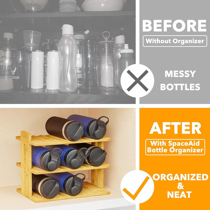 Bamboo Water Bottle Organizer with Labels, Kitchen Pantry Water Bottle Storage Rack for Cabinets, Home Cup and Wine Bottle Holder Shelf Organizers, (3-Tier, Hold 9 Bottles)