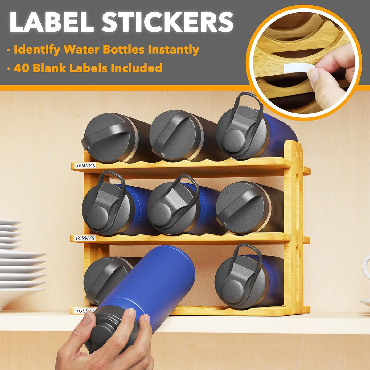 Bamboo Water Bottle Organizer with Labels, Kitchen Pantry Water Bottle Storage Rack for Cabinets, Home Cup and Wine Bottle Holder Shelf Organizers, (3-Tier, Hold 9 Bottles)
