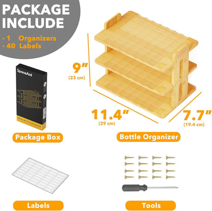 Bamboo Water Bottle Organizer with Labels, Kitchen Pantry Water Bottle Storage Rack for Cabinets, Home Cup and Wine Bottle Holder Shelf Organizers, (3-Tier, Hold 9 Bottles)