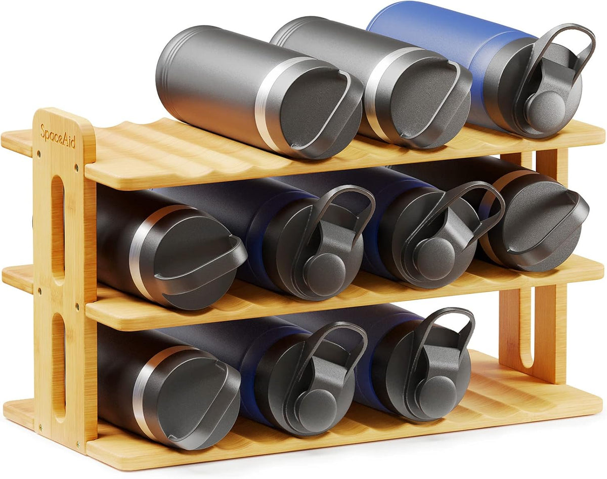 Bamboo Water Bottle Organizer with Labels, Kitchen Pantry Water Bottle Storage Rack for Cabinets, Home Cup and Wine Bottle Holder Shelf Organizers, (3-Tier, Hold 9 Bottles)