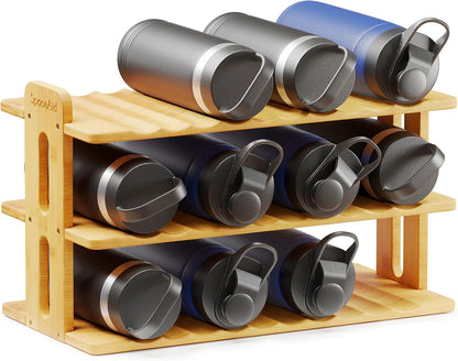 Bamboo Water Bottle Organizer with Labels, Kitchen Pantry Water Bottle Storage Rack for Cabinets, Home Cup and Wine Bottle Holder Shelf Organizers, (3-Tier, Hold 9 Bottles)