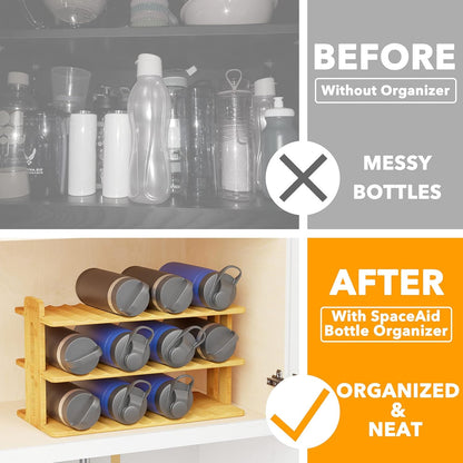 Bamboo Water Bottle Organizer with Labels, Kitchen Pantry Water Bottle Storage Rack for Cabinets, Home Cup and Wine Bottle Holder Shelf Organizers, (3-Tier, Hold 9 Bottles)