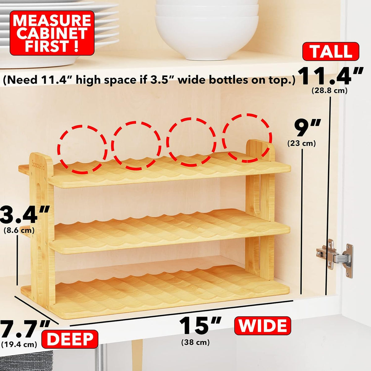 Bamboo Water Bottle Organizer with Labels, Kitchen Pantry Water Bottle Storage Rack for Cabinets, Home Cup and Wine Bottle Holder Shelf Organizers, (3-Tier, Hold 9 Bottles)