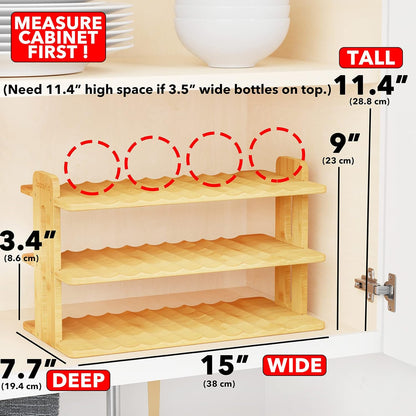 Bamboo Water Bottle Organizer with Labels, Kitchen Pantry Water Bottle Storage Rack for Cabinets, Home Cup and Wine Bottle Holder Shelf Organizers, (3-Tier, Hold 9 Bottles)