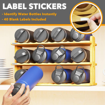 Bamboo Water Bottle Organizer with Labels, Kitchen Pantry Water Bottle Storage Rack for Cabinets, Home Cup and Wine Bottle Holder Shelf Organizers, (3-Tier, Hold 9 Bottles)