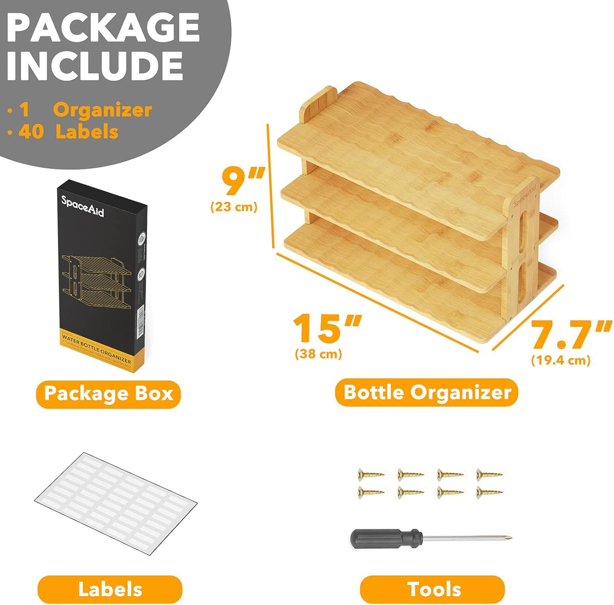 Bamboo Water Bottle Organizer with Labels, Kitchen Pantry Water Bottle Storage Rack for Cabinets, Home Cup and Wine Bottle Holder Shelf Organizers, (3-Tier, Hold 9 Bottles)
