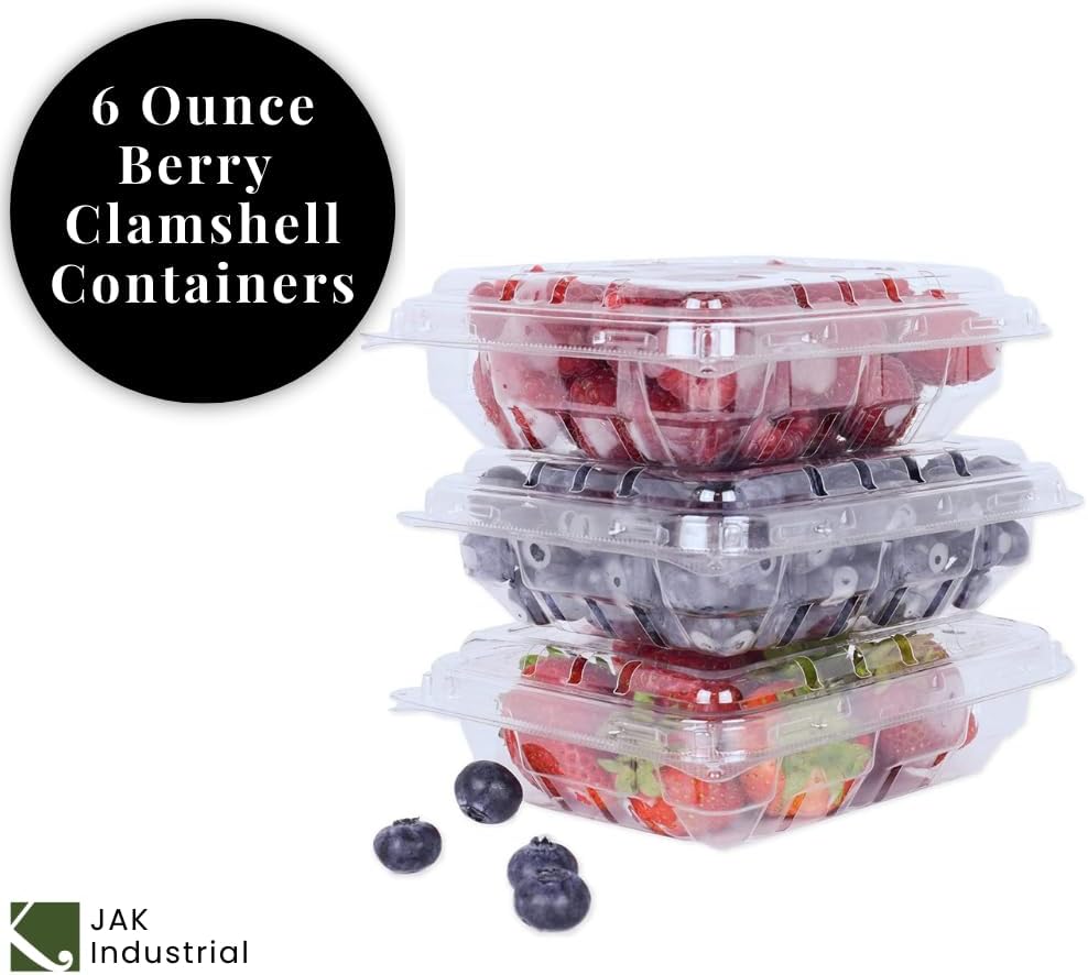 42 Pack - 6 Ounce Clear Plastic Vented Berry Containers with Clamshell Lids - For Blueberries, Raspberries, Blackberries