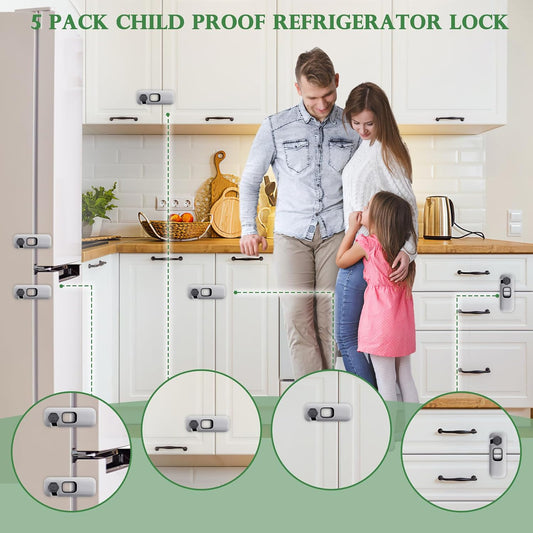 5 Pack Child Proof Refrigerator Lock, Baby Proofing Cabinet Locks, Oven Lock Child Safety, Fridge Lock, for Fridge, Drawers, Dishwasher, Oven, Cupboard, Closet, Adhesive, No Tools Need(Grey)