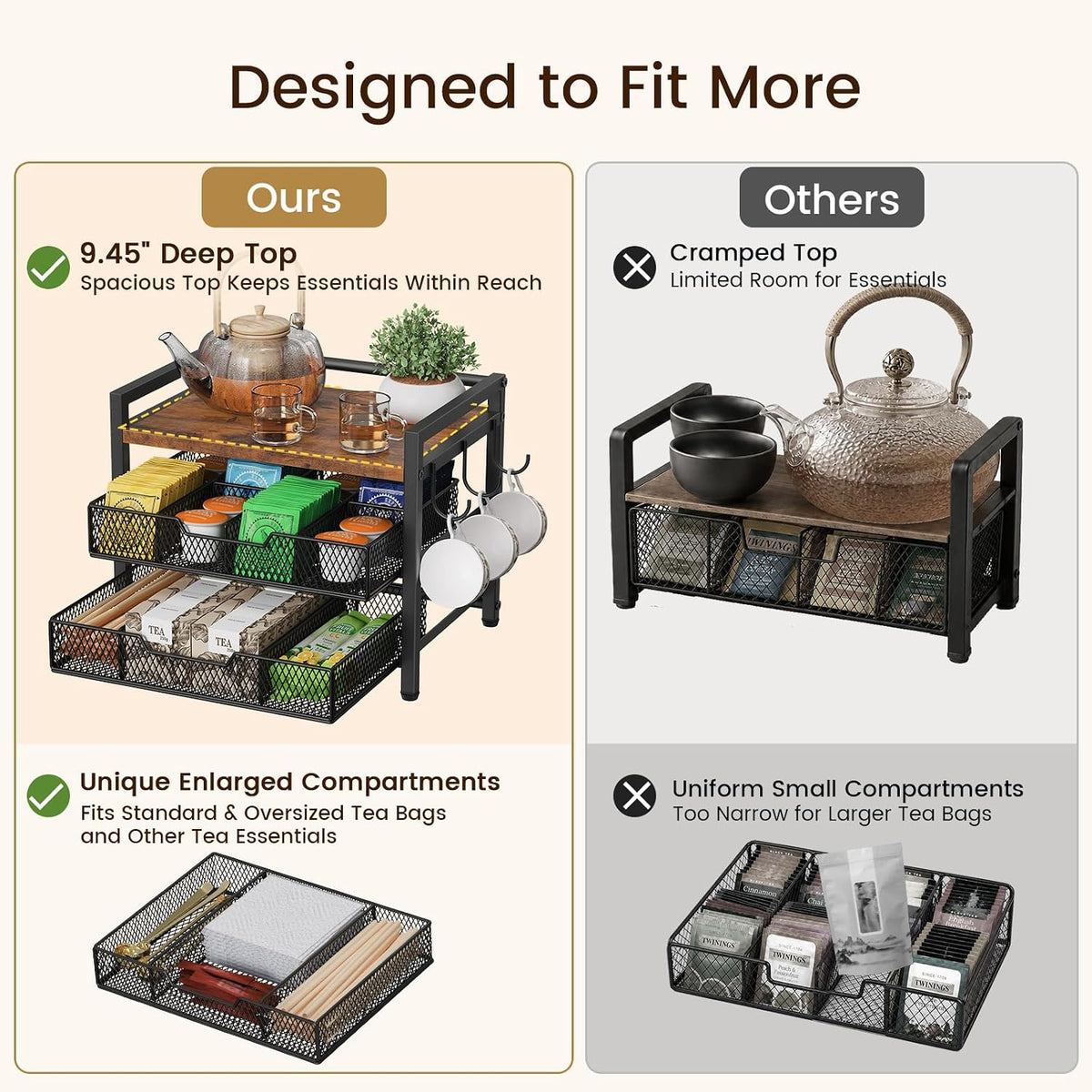 Tea Bag Organizer, Tea Organizers and Storage with 2 Drawers