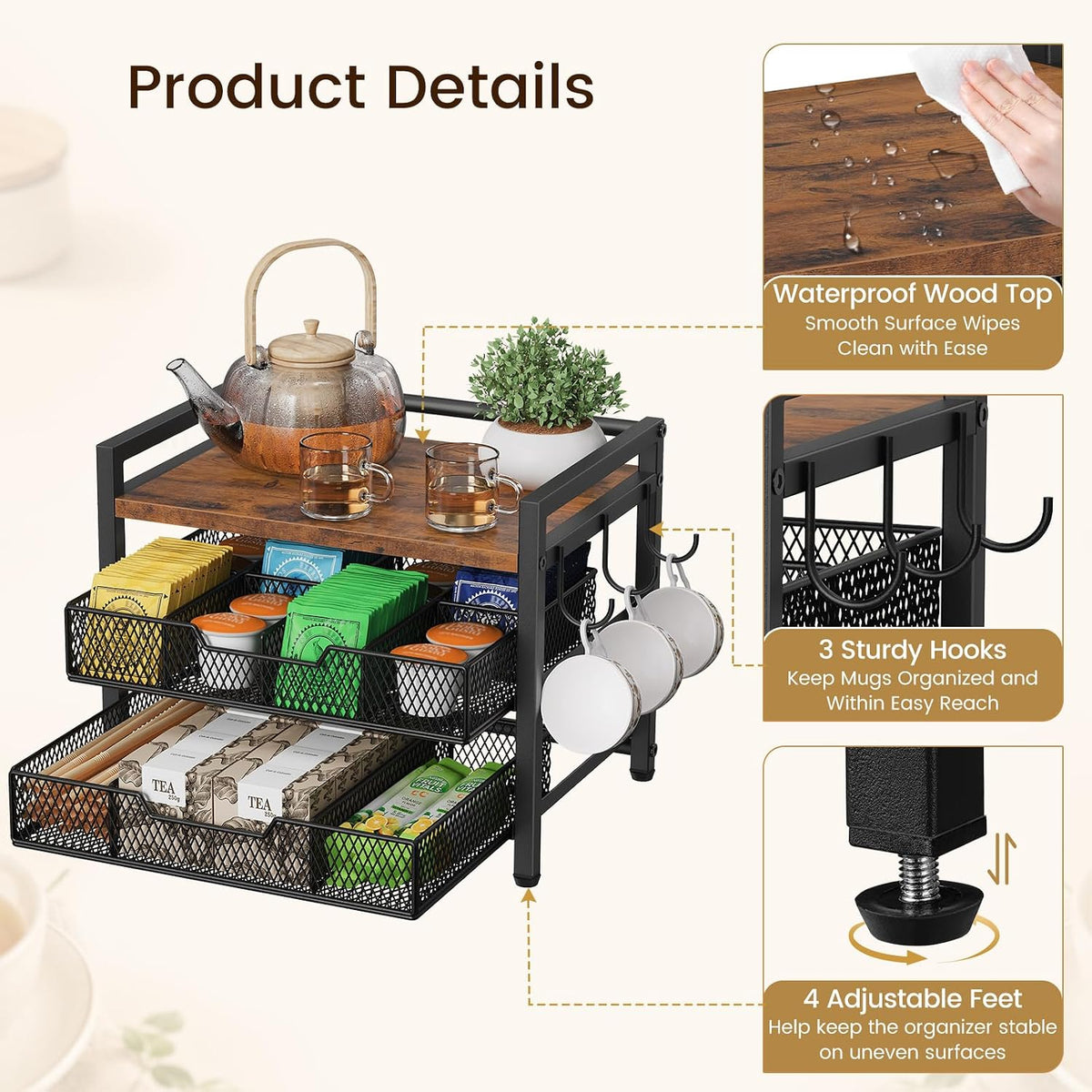 Tea Bag Organizer, Tea Organizers and Storage with 2 Drawers