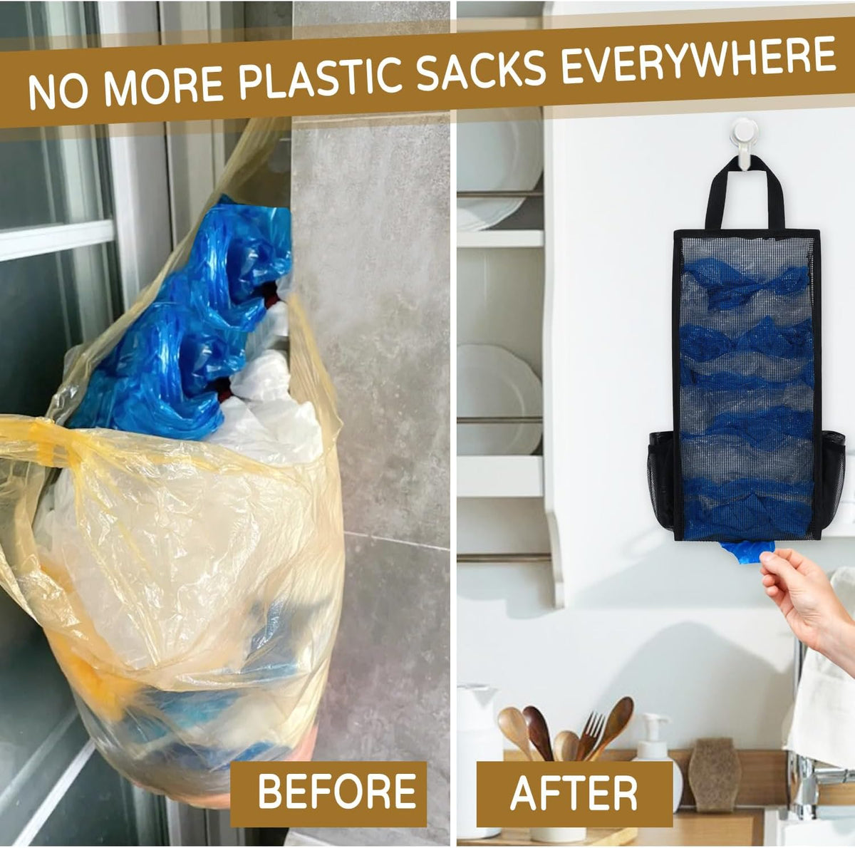 Plastic Bag Holder, Large Capacity Grocery Bag Holder, Breathable Mesh Plastic Bag Holders for Grocery Bags Storage, Lightweight Trash Bag Holder Dispenser Organizer, Black