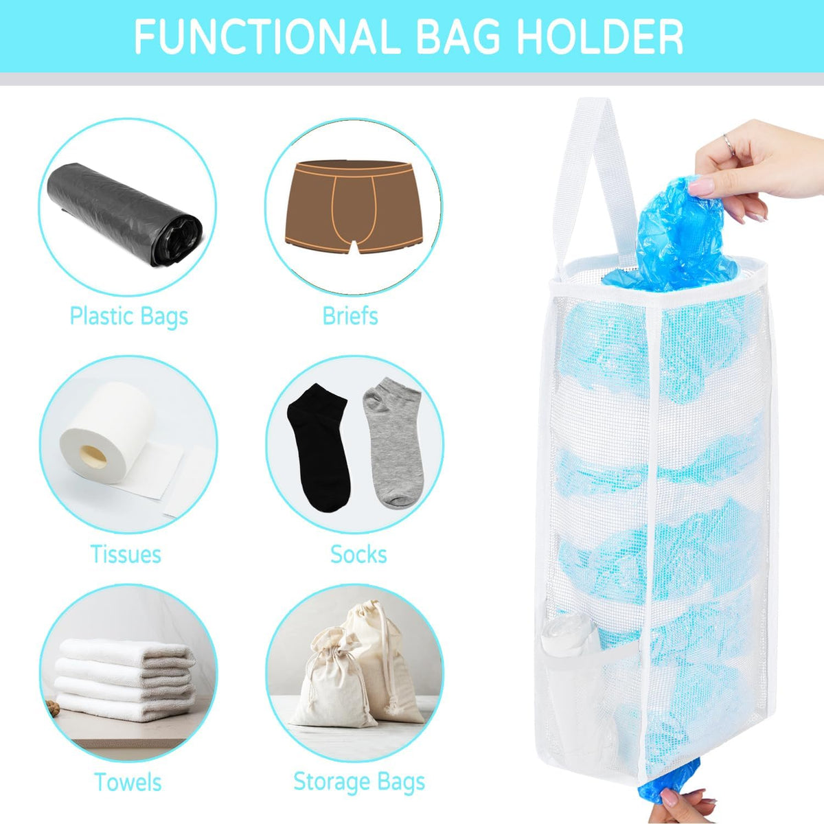 Plastic Bag Holder, Large Capacity Grocery Bag Holder, Breathable Mesh Plastic Bag Holders for Grocery Bags Storage, Lightweight Trash Bag Holder Dispenser Organizer, Black
