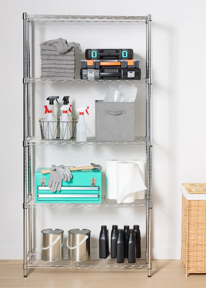 5-Shelf Adjustable Heavy Duty Steel Wire Rack, Space Saving Storage Shelving Organizer for Kitchen, Garage, No-Tool Assembly, 350 lbs Weight Capacity, 36" x 14" x 72", Chrome