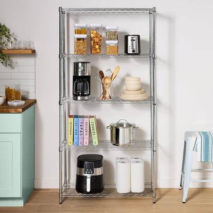 5-Shelf Adjustable Heavy Duty Steel Wire Rack, Space Saving Storage Shelving Organizer for Kitchen, Garage, No-Tool Assembly, 350 lbs Weight Capacity, 36" x 14" x 72", Chrome