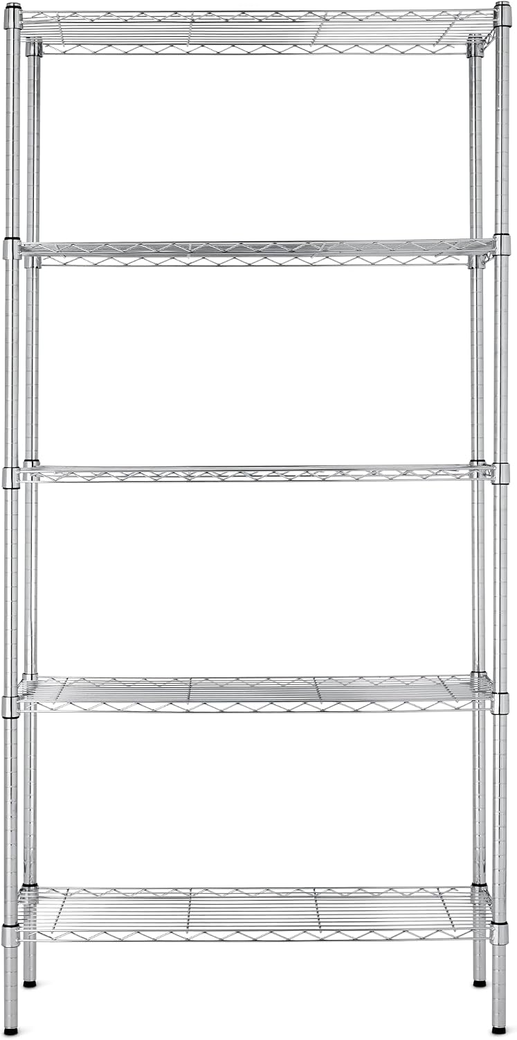 5-Shelf Adjustable Heavy Duty Steel Wire Rack, Space Saving Storage Shelving Organizer for Kitchen, Garage, No-Tool Assembly, 350 lbs Weight Capacity, 36" x 14" x 72", Chrome