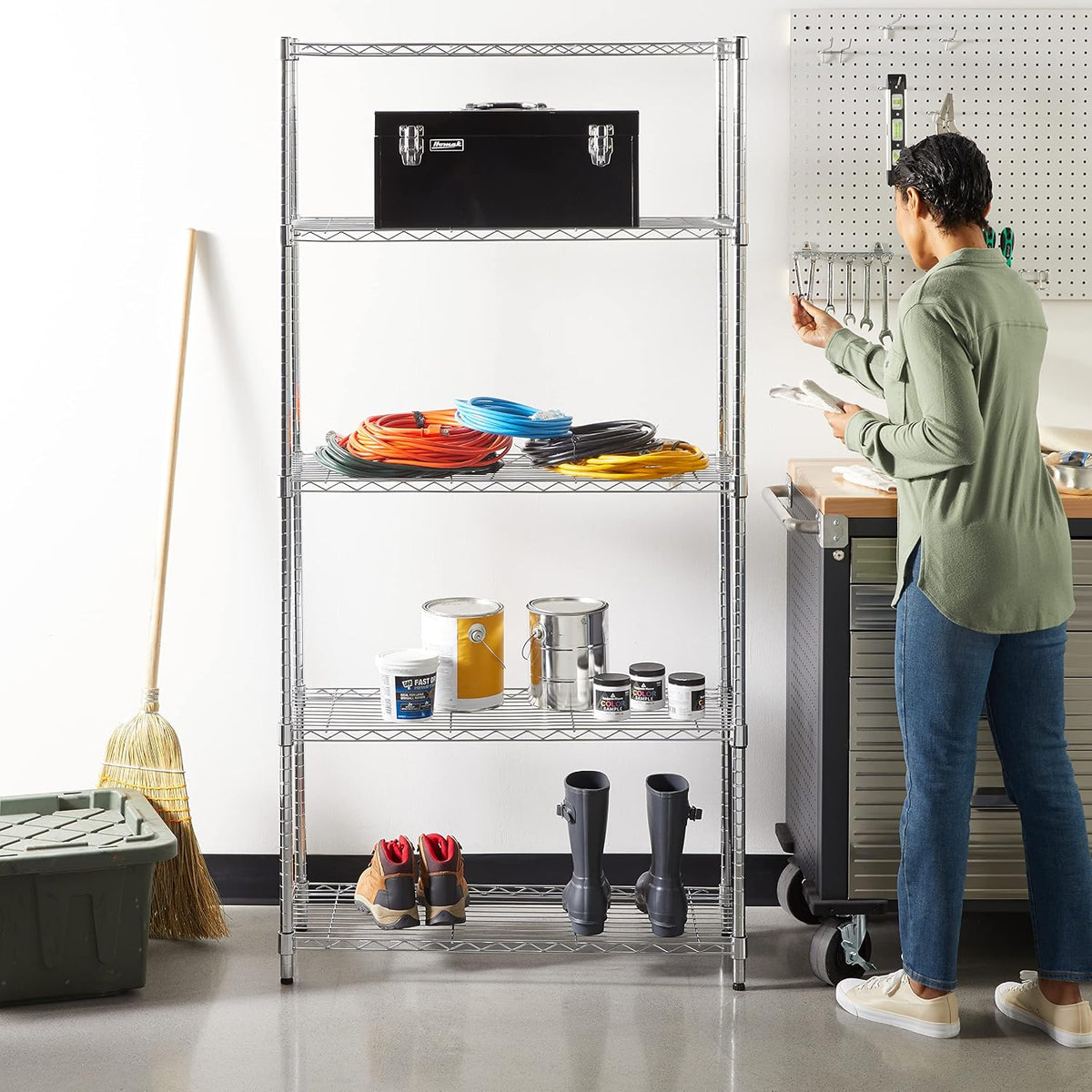 5-Shelf Adjustable Heavy Duty Steel Wire Rack, Space Saving Storage Shelving Organizer for Kitchen, Garage, No-Tool Assembly, 350 lbs Weight Capacity, 36" x 14" x 72", Chrome