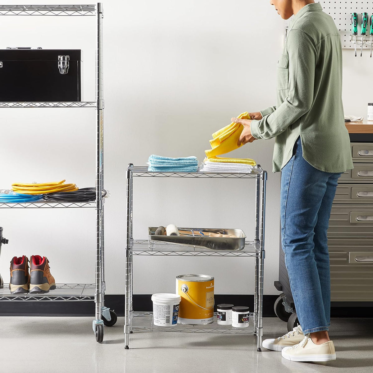 5-Shelf Adjustable Heavy Duty Steel Wire Rack, Space Saving Storage Shelving Organizer for Kitchen, Garage, No-Tool Assembly, 350 lbs Weight Capacity, 36" x 14" x 72", Chrome