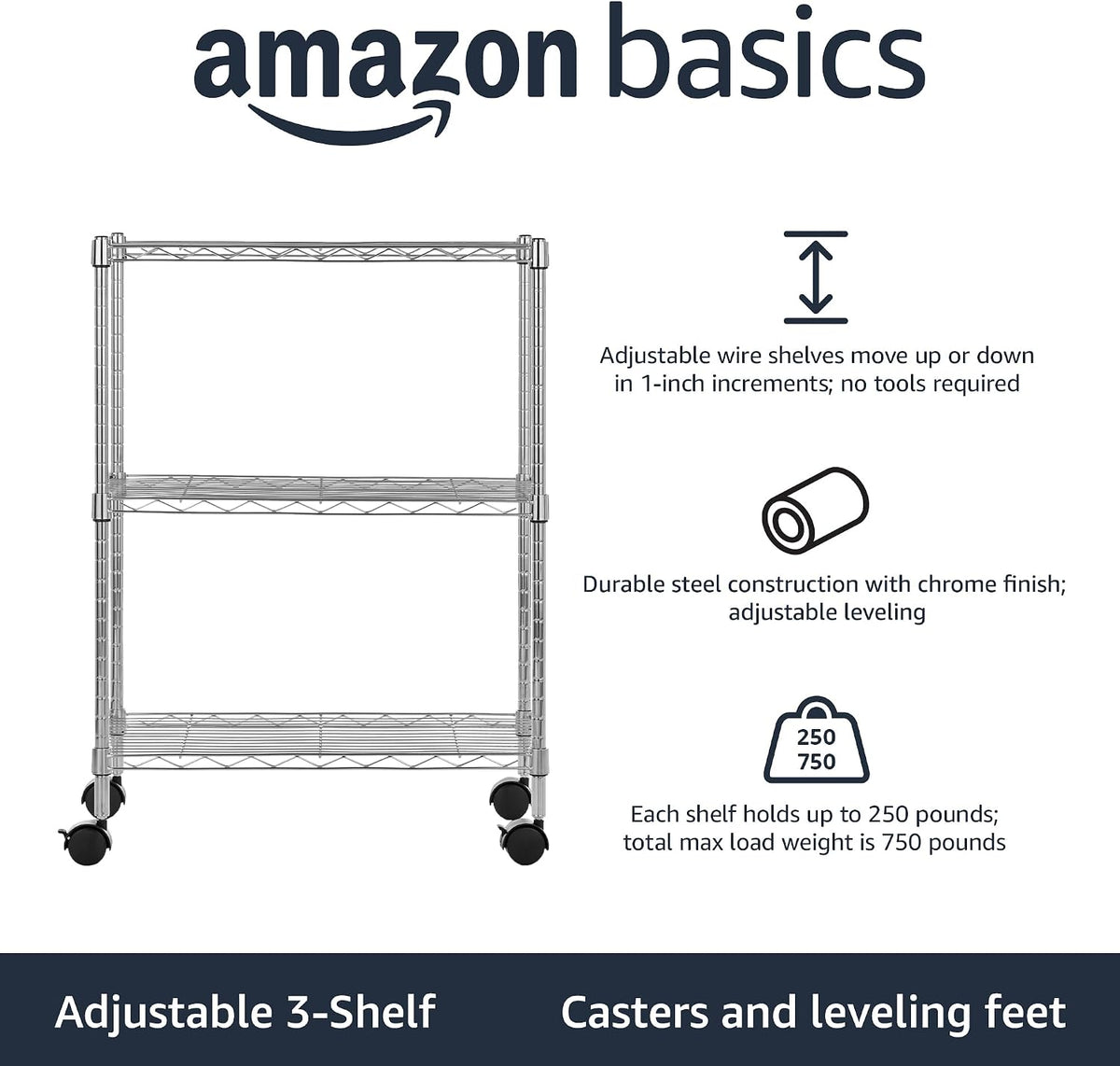 5-Shelf Adjustable Heavy Duty Steel Wire Rack, Space Saving Storage Shelving Organizer for Kitchen, Garage, No-Tool Assembly, 350 lbs Weight Capacity, 36" x 14" x 72", Chrome