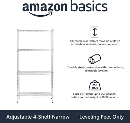 5-Shelf Adjustable Heavy Duty Steel Wire Rack, Space Saving Storage Shelving Organizer for Kitchen, Garage, No-Tool Assembly, 350 lbs Weight Capacity, 36" x 14" x 72", Chrome