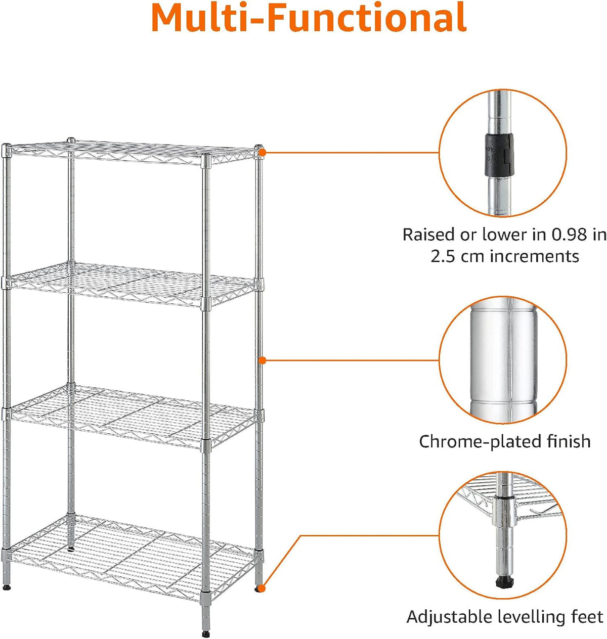 5-Shelf Adjustable Heavy Duty Steel Wire Rack, Space Saving Storage Shelving Organizer for Kitchen, Garage, No-Tool Assembly, 350 lbs Weight Capacity, 36" x 14" x 72", Chrome