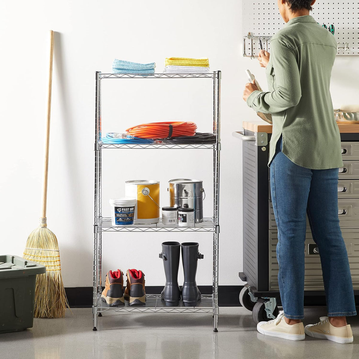 5-Shelf Adjustable Heavy Duty Steel Wire Rack, Space Saving Storage Shelving Organizer for Kitchen, Garage, No-Tool Assembly, 350 lbs Weight Capacity, 36" x 14" x 72", Chrome